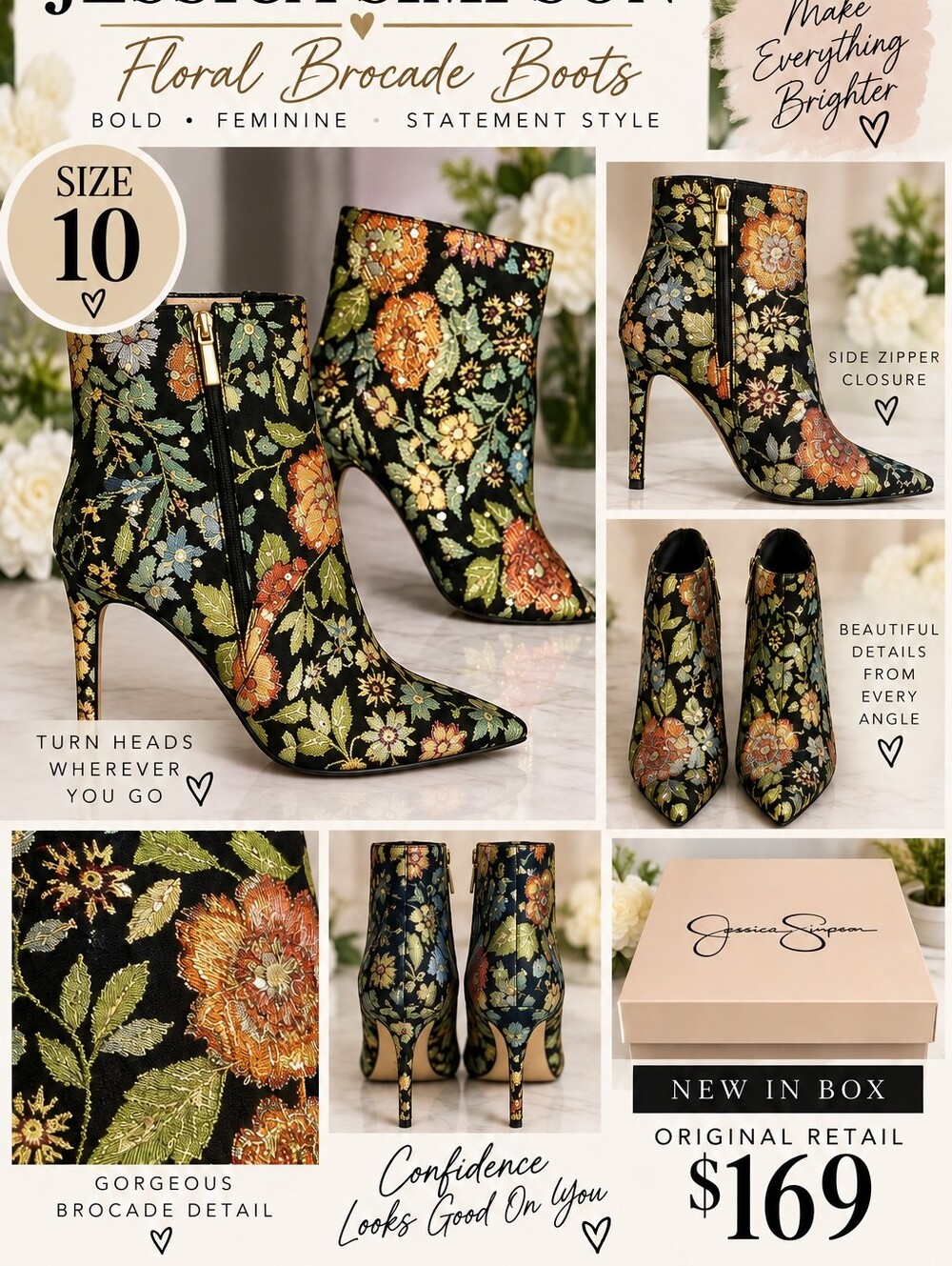 Jessica Simpson Black Floral Brocade Ankle Boots with Gold & Green Accents NIB